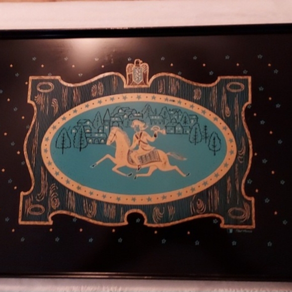 VTG 20" x 13" Black Metal Serving Tray w/ Artist Ned Harris's Paul Revere's Ride - Picture 4 of 7